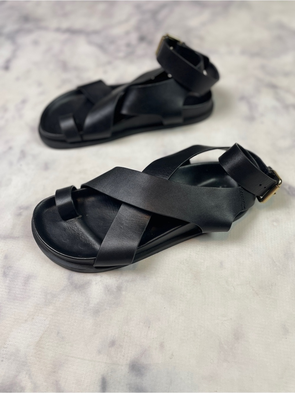 A.Emery Jalen Black Leather Criss Cross Toe Ring Sandals Minimalist Sz 36 - Picture 5 of 10